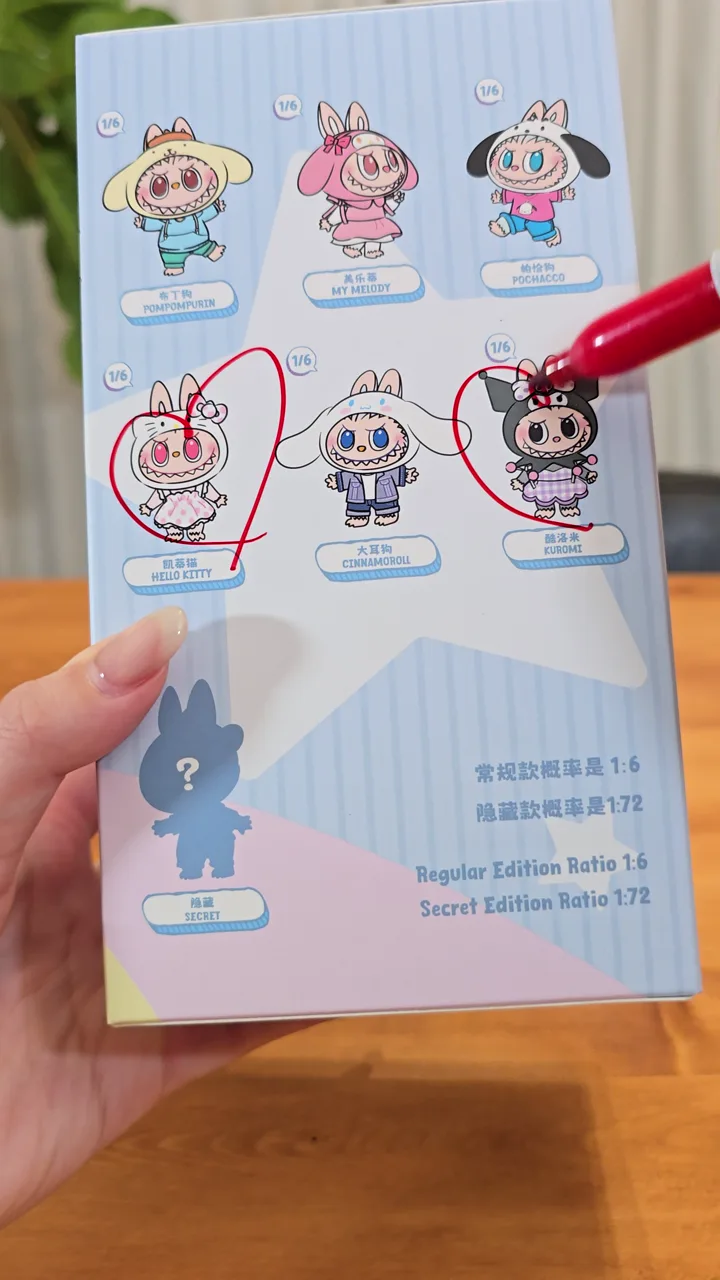 箱裏のハローキティに赤ペンで印をつけている様子